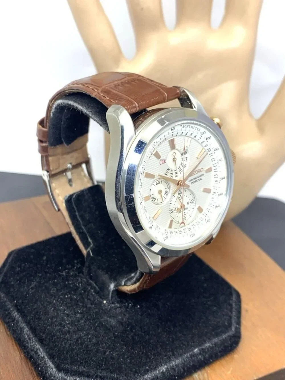 Seiko Men's Watch SRK050 Perpetual Calendar Quartz Brown Leather Band 44mm